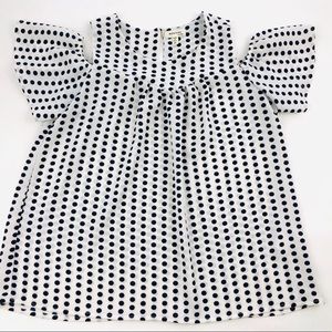 White cold shoulder top with navy dots